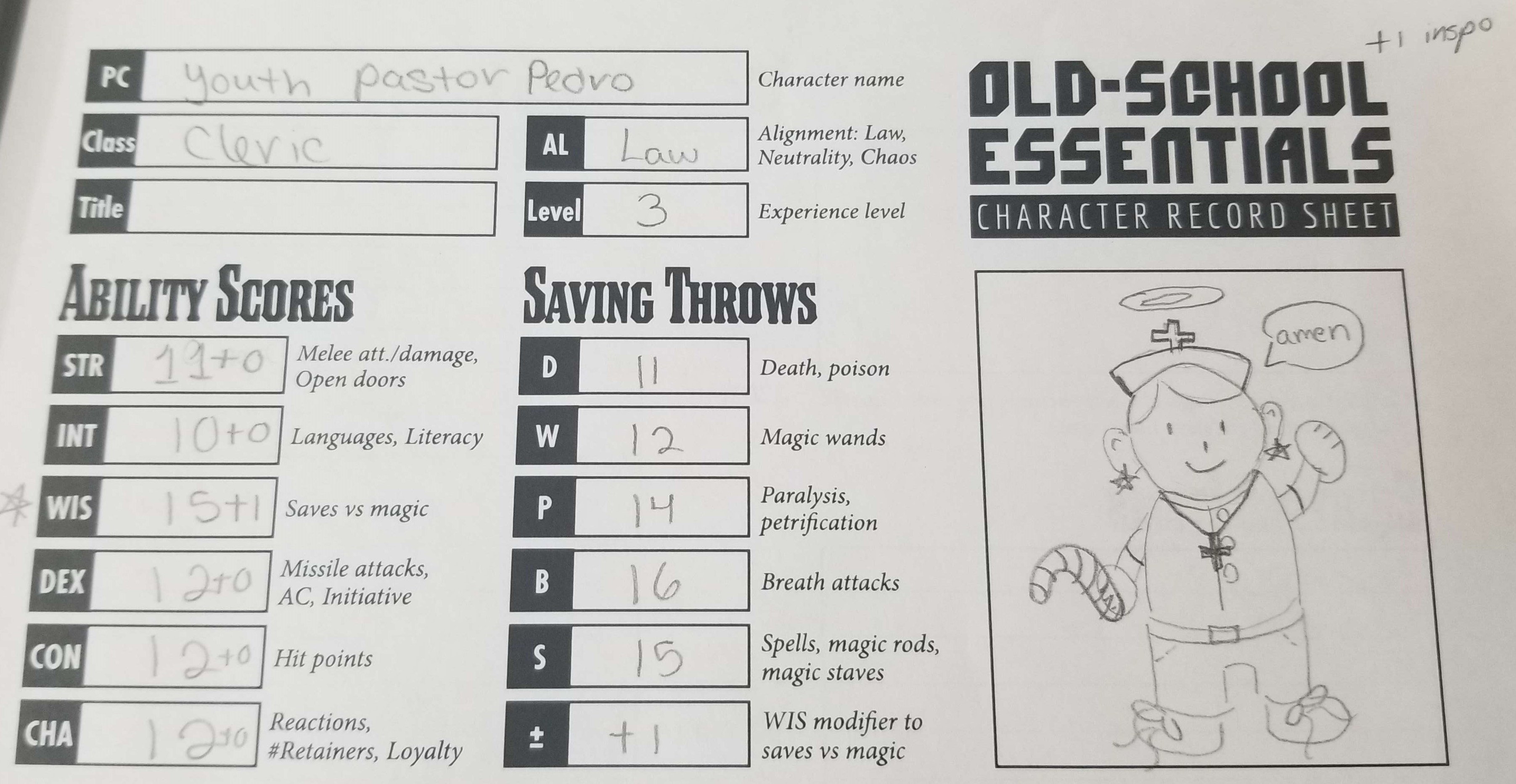 d&d character sheet of youth pastor pedro