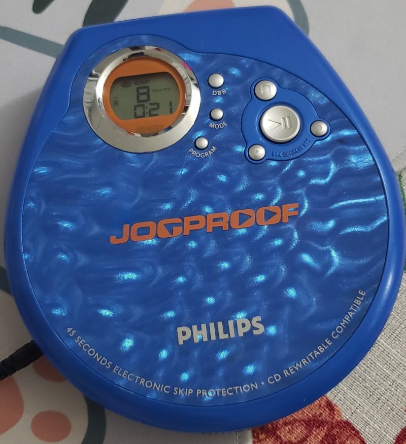 philips jogproof portable CD player. it is blue with an orange accent.